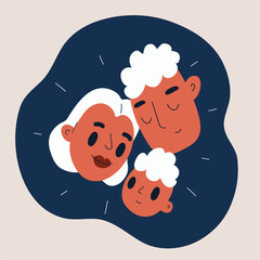 Cartoon vector illustration of a family mother, father, and son showing their faces together against dark background