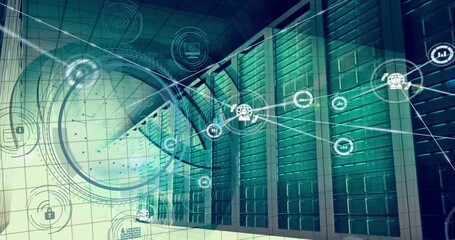 Animation of data processing, network of connections with globe icons over computer servers - Powered by Adobe