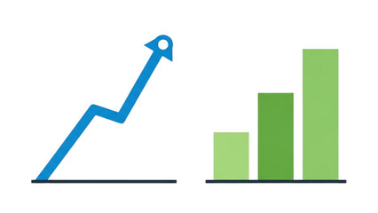 A blue arrow pointing upwards alongside a green bar graph on a white background