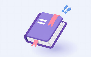 3D purple hardcover book with pink bookmarks and exclamation mark icons, representing education, knowledge, learning, and important information.