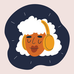 Cartoon vector illustration of woman wearing headphones with closed eyes enjoying music, an audiobook, or a podcast against dark background