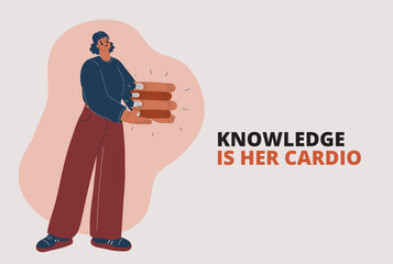 Cartoon vector illustration of a woman holding a stack of books, eager to read and learn