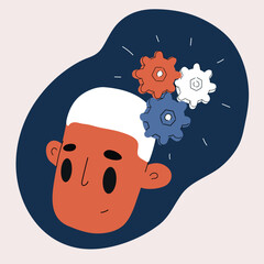 Cartoon vector illustration of a head with gears inside symbolizing thinking, creativity, and problem solving against dark background