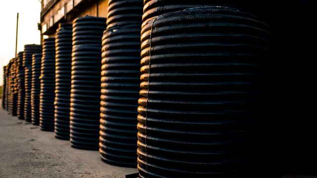 Industrial Rows of Large Black Corrugated Metal Pipes Stacked in Factory Yard at Golden Hour Sunset Light