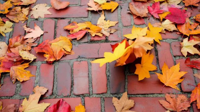 Colorful autumn leaves scattered on brick pathway create a vibrant fall atmosphere
