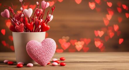 Empty old wooden table background with valentines day theme in background