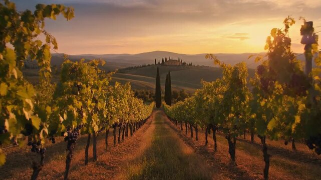A scenic view of a Tuscan vineyard at sunset with rolling hills and cypress trees in the distance.