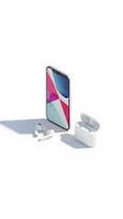 Smartphone with Wireless Earbuds on White Background.