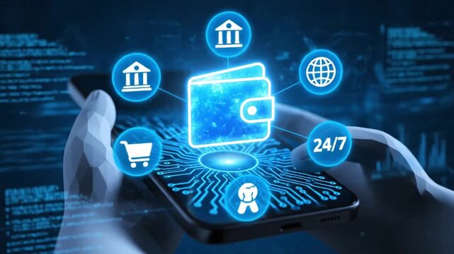 Bank icon in wireframe hands. Online banking service application. Money transaction, e-commerce. Finance and banking global internet connection. Financial transaction. API Fintech 4k video