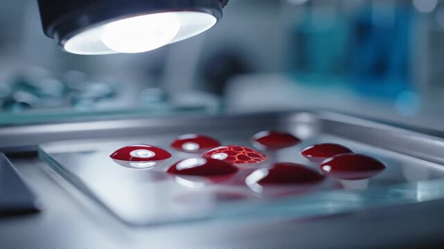 Close-up of blood samples on a glass slide, illuminated by a bright light in a laboratory setting.