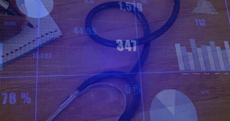 clinician hand entering frame writing on notebook, tracking healthcare data with shifting charts - Powered by Adobe