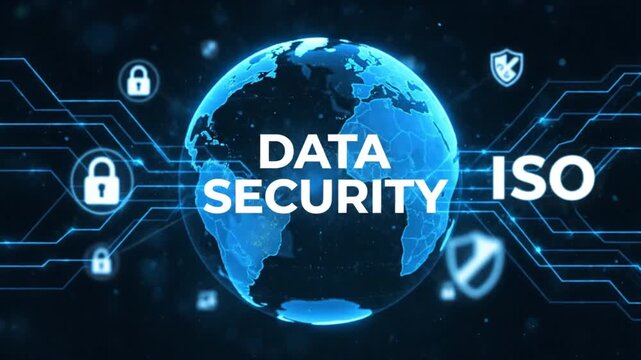 DATA SECURITY, International Organization for Standardization concept. Technology, Internet and network concept on world background 4k video ai