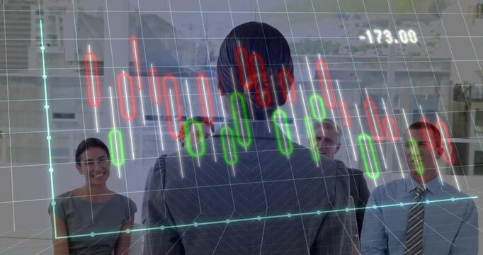 Interview candidate standing at table initiating hologram finance chart sliding losses then rising