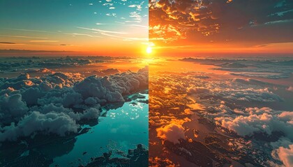 Dramatic Ocean Sunset with Golden Sunrays and Turquoise Waves on Rocky Shore