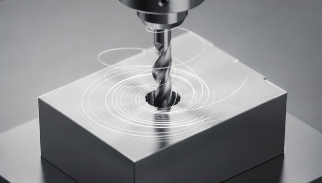 Medium frame showing a clear spiral interpolation path with wide pitch design highlighting smooth entry motion into a predrilled hole during CNC machining.