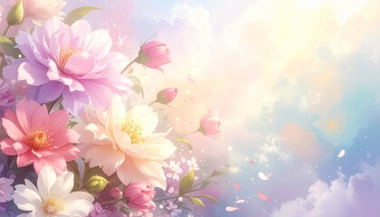 Fototapeta premium Blooming Pink and White Flowers with Watercolor Sky Background Soft Sunlight
