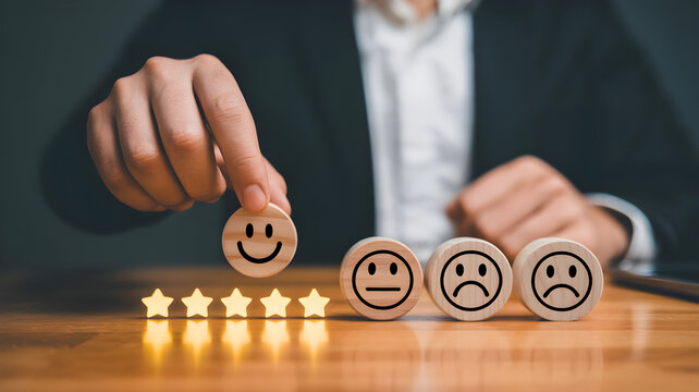 Customer feedback concept with hand placing a smiley face on wooden blocks representing ratings and emotions