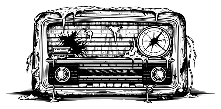 Broken vintage radio covered in melting ice or slime in sketch style