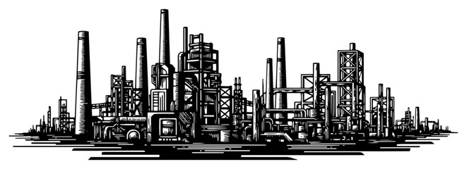 Obraz premium Industrial factory skyline with smokestacks and manufacturing pipes sketch
