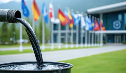 Obraz premium Black crude oil spilling from a barrel in front of building with flags
