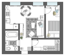 Apartment plan with a combined kitchen and living room. Small living apartments, interior design with furniture placement. Vector