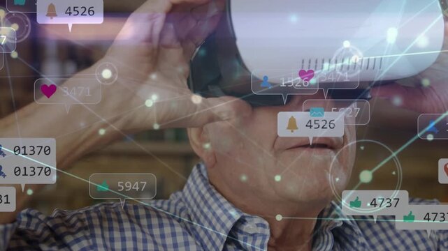 Animation of network of connections with media icons over caucasian man using vr headset