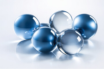 Abstraktes 3D Design mit blauen Glas- und Metallkugeln