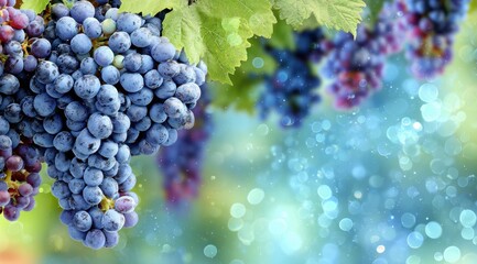 Freshly harvested bunch of grapes, with the sunlight sparkling in the background