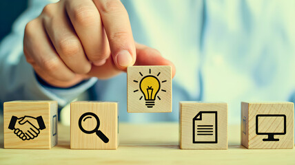 Innovative Business Solutions Hand Placing Idea Block into Strategic Process with Collaboration, Analysis, Data, and Digital Technology Concepts