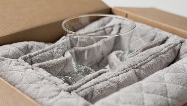 Closeup medium shot of delicate glassware cushioned with soft textile packaging emphasizing gentle fabric layers that absorb shocks in transit.