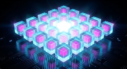Vibrant 3D glowing cubes in futuristic circuit board background