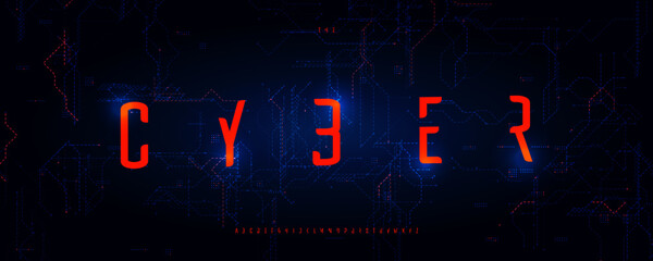 Cyber Font Logo Slim Alphabet Vector Condensed Letters Set Modern Typography, Minimalistic Typographic Design Title Text, Typo Poster Headline, Type Symbol Logotype, Futurist Fonts. Vector Typeface