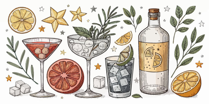 Bar and Cocktail Chalkboard Illustration Set featuring Drinks Shakers Lemons and Glassware Hand Drawn Vector Art for Pub Menu or Party Poster
