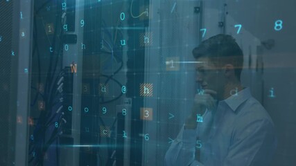 Animation of cyber attack text and data processing over caucasian male it technician by server - Powered by Adobe