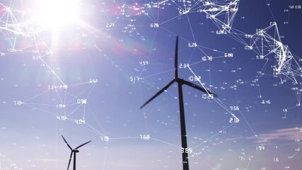 Animation of network with numbers and data processing over wind turbine - Powered by Adobe
