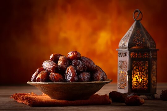 Dates in a Bowl with Decorative Lantern on Warm Background