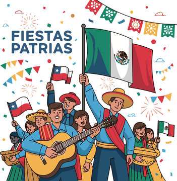 Latin American Fiestas Patrias Celebration with Mexico and Chile Flags, People Celebrating Independence Day with Music and Traditional Outfits