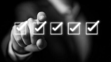 In a modern business setting, a professional interacts with a glowing electronic checklist display, ensuring tasks are completed efficiently. The scene evokes productivity and focus