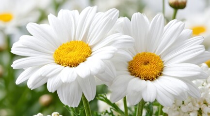 Close-up shot of two beautiful daisies with bright yellow centers and white petals