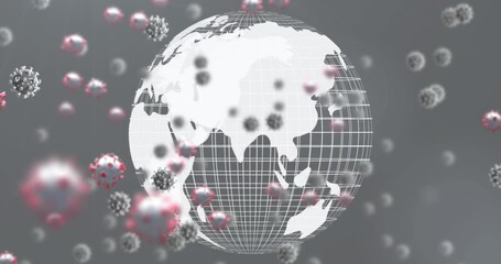 Animation of virus cells over globe on grey background - Powered by Adobe