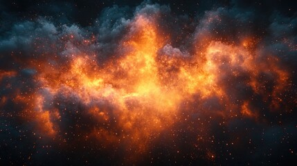 Obraz premium Particles and debris erupting in an explosive motion against a dark background, dynamic cloud of dust.