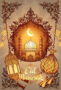 Eid Mubarak Islamic Holiday Greeting Card.