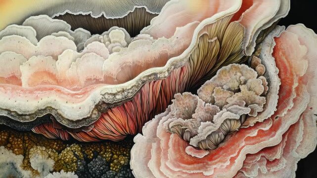 Intricate details of colorful fungi displaying natural patterns and textures in a close-up view of a forest ecosystem