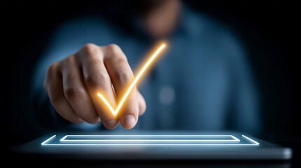 In a dimly lit environment, a hand hovers over a tablet screen displaying a glowing check mark, symbolizing confirmation in digital management processes