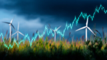 Wind turbines and energy trend in field. Wind turbines spin in the field as a rising energy trend line is shown against a cloudy sky.