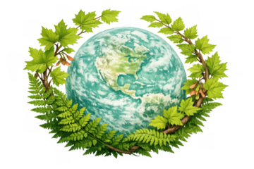 Earth globe with green leaves and ferns forming a wreath, symbolizing global ecology, nature conservation, and sustainability on transparent background