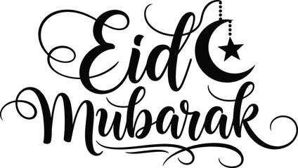 Eid Mubarak elegant hand lettering typography with crescent moon and hanging star for Islamic greeting card designs © Shamim
