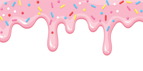 Pink frosting drips with colorful sprinkles on transparent background. Abstract Dessert Background. Vector Illustration