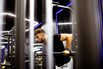 Fitness enthusiast engages in intense dips workout at modern gym in the evening