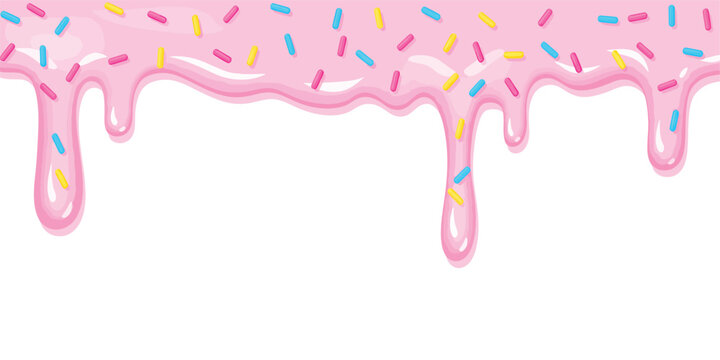 Pink frosting drips with colorful sprinkles on transparent background. Abstract Dessert Background. Vector Illustration